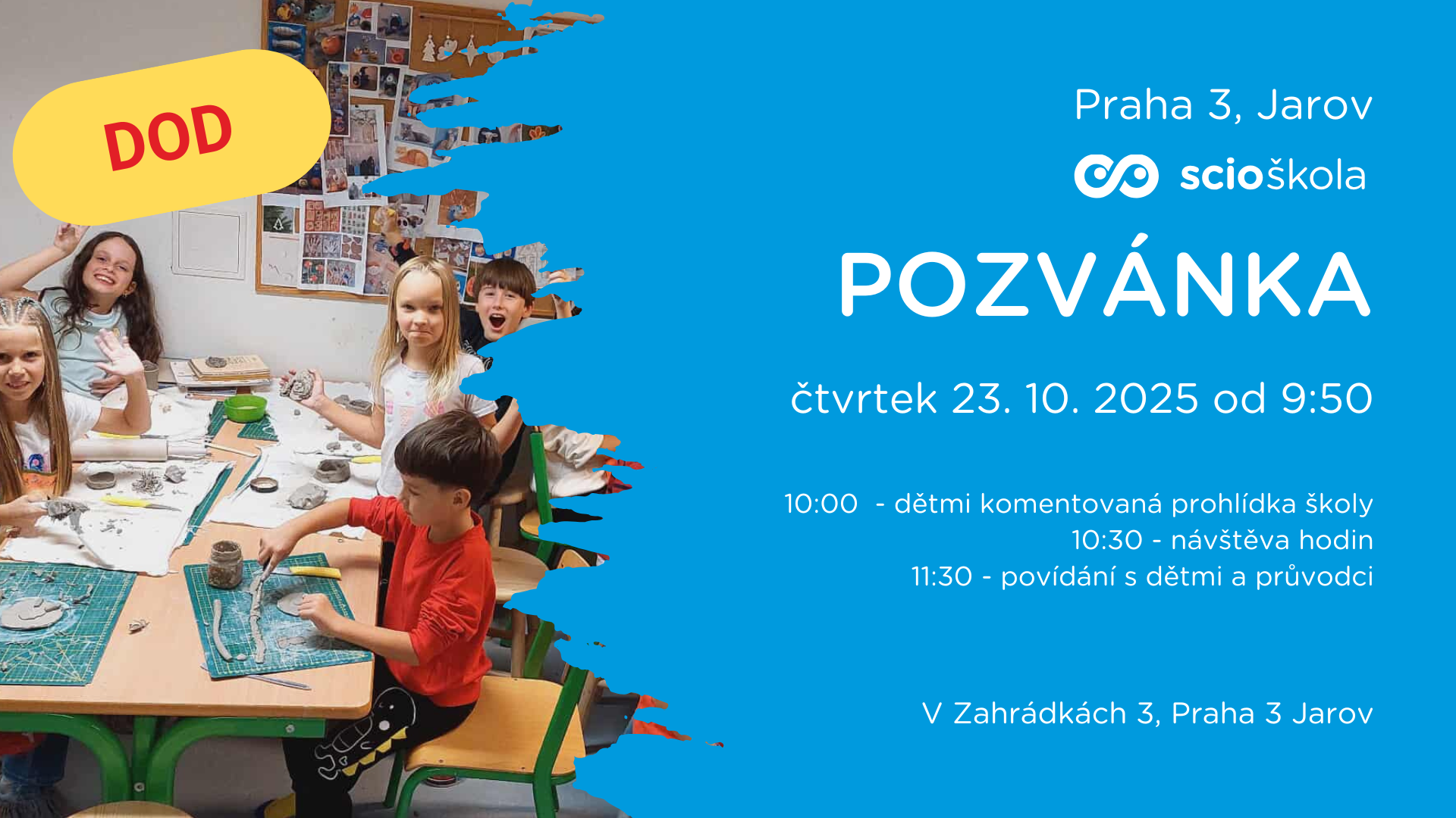 Čtvrtek 23. 10. 2025 Od 950 1000 Dětmi Komentovaná Prohlídka Školy 1030 Návštěva Hodin 1130 Povídání S Dětmi A Průvodci